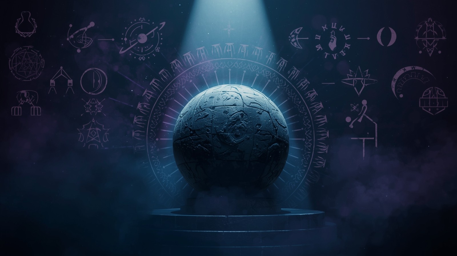 Symbolic cinematic composition showing a large stone sphere with intricate carvings surrounded by abstract icons