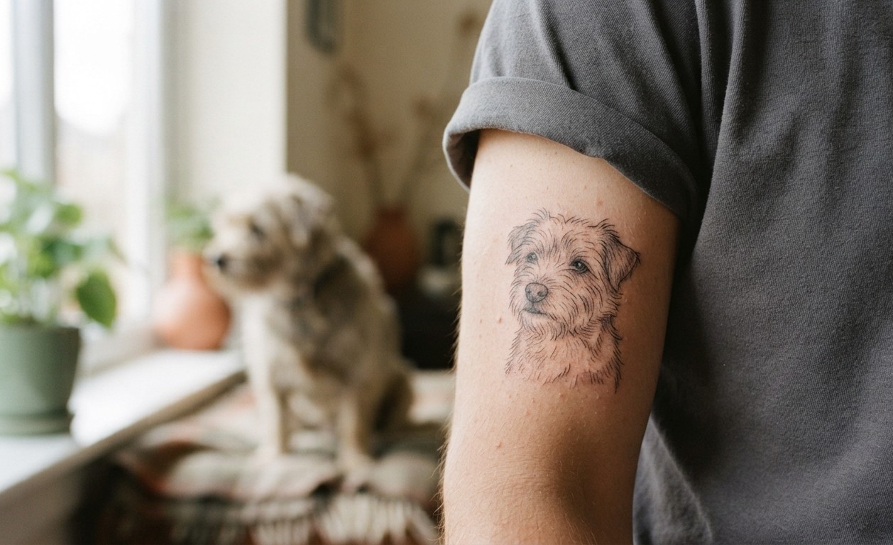 Healed single-needle portrait of a terrier on an outer arm, the dog behind