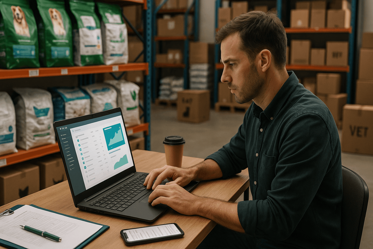 Ambiente 3D realista de distribuidora veterinaria com prateleiras de produtos pet e agrovet ao fundo, mostrando operação organizada e moderna que representa a transformação de pedidos manuais em crescimento da carteira e aumento das vendas B2B para pet shops, clinicas e agrovets.