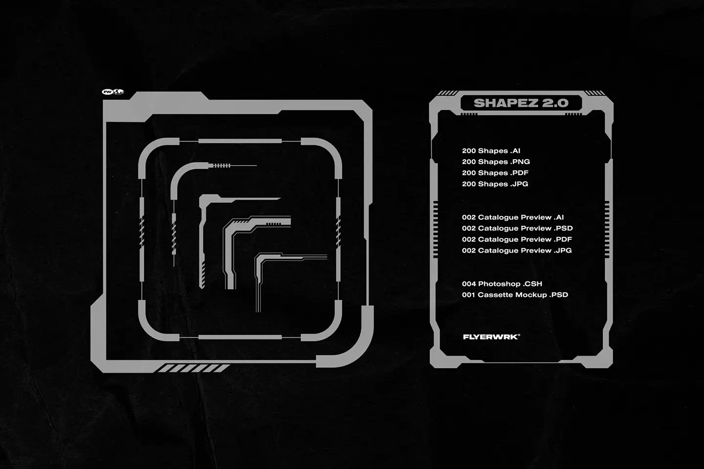 Retro Futuristic Shapes package contents preview showing AI, PNG, PDF, JPG and CSH files