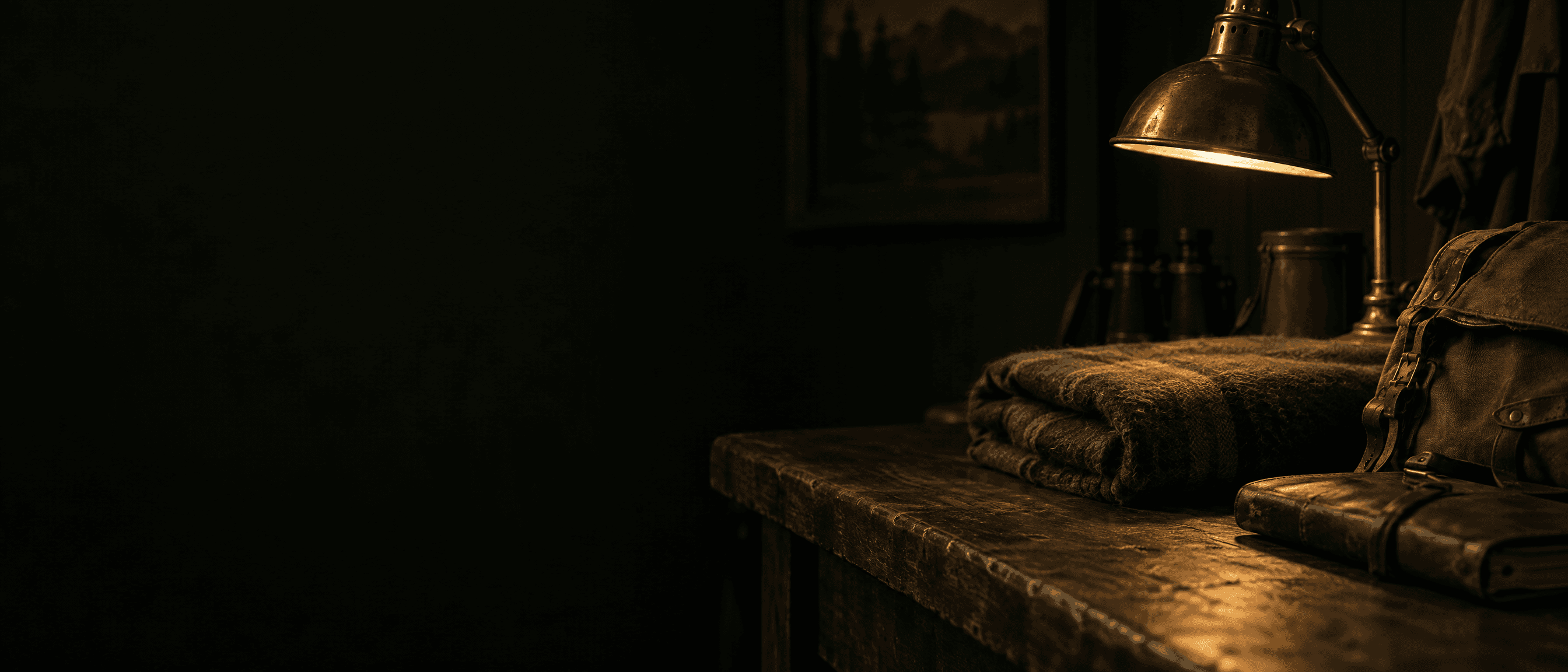A brass desk lamp lighting a worn oak table with a folded wool blanket and canvas gear.