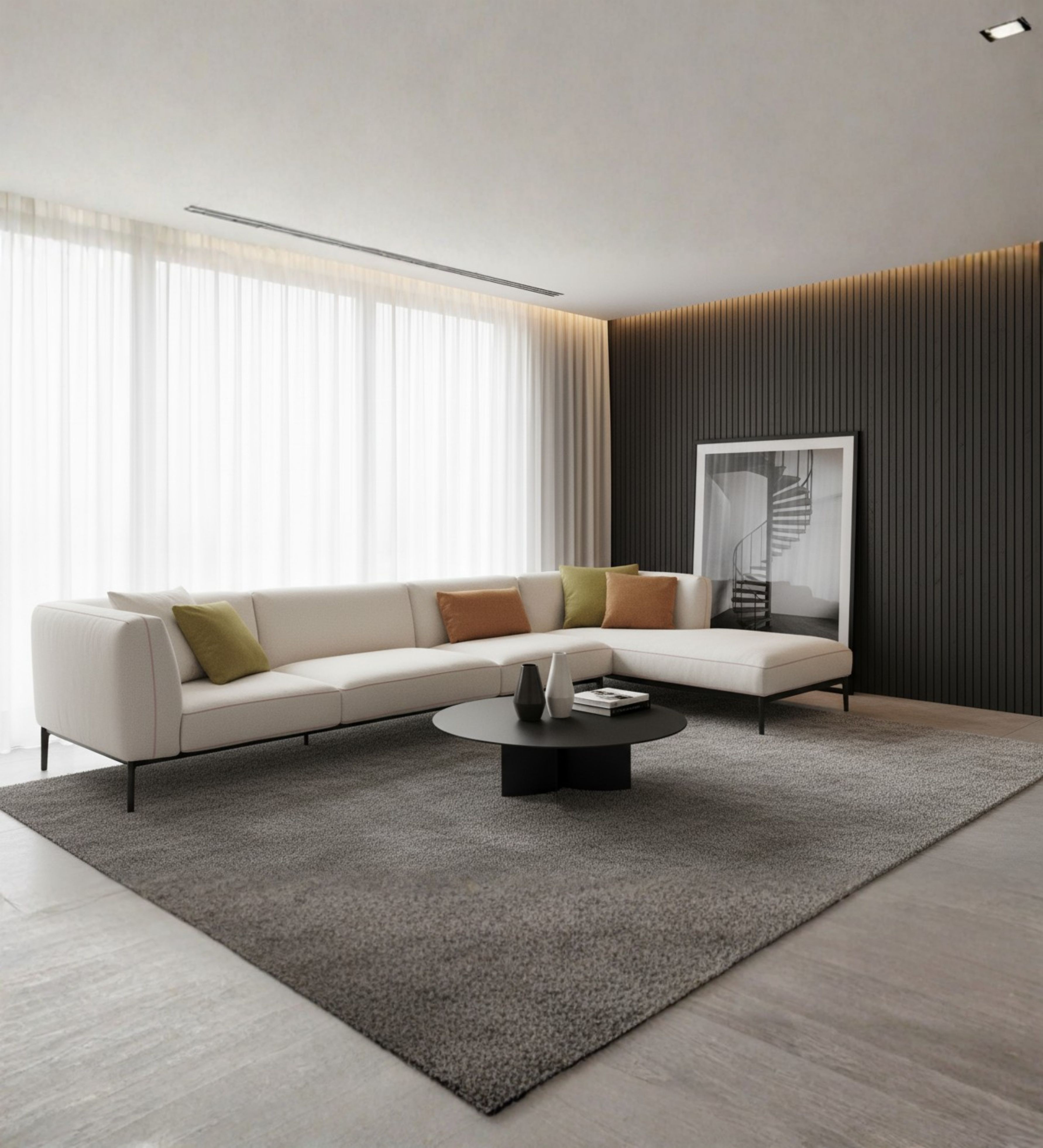 Minimal linear sofa with slim profile and understated contemporary form
