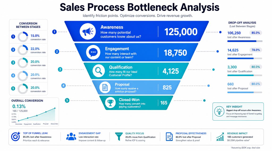 A sales funnel infographic detailing conversion stages, drop-off rates, and bottleneck analysis for optimized business growth.