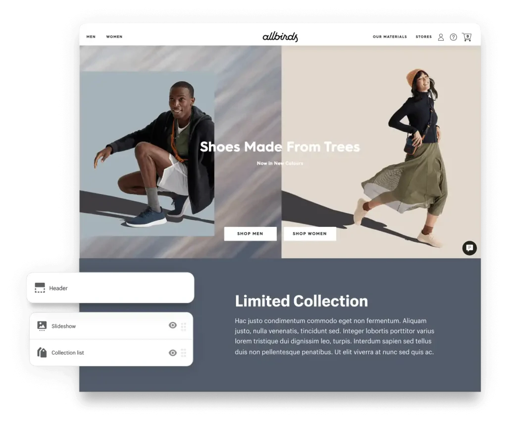 Allbirds-Startseite im Shopify-Theme-Editor mit Abschnitten für Header, Slideshow und Kollektionsliste