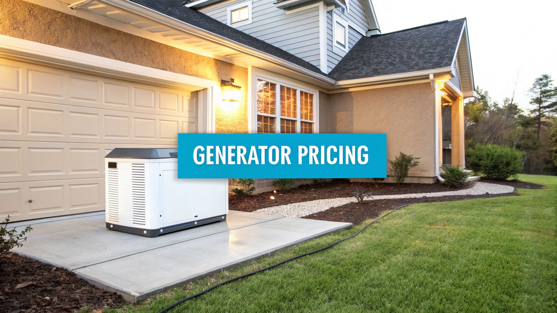 a text banner displaying 'generator pricing' with a well lit home, yard, and generator in the background