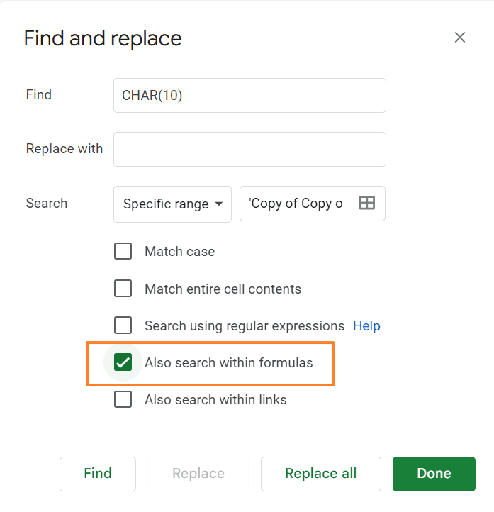 Select the three vertical dots and mark the checkbox next to "Also search within formulas