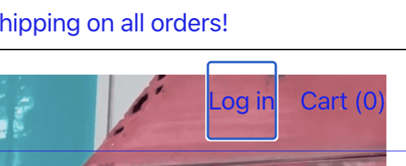 Screenshot of the keyboard focus indicator working properly on the header of Lortush.com. It is focused on the “Log-in” link, which means it has a blue/white rectangle around it