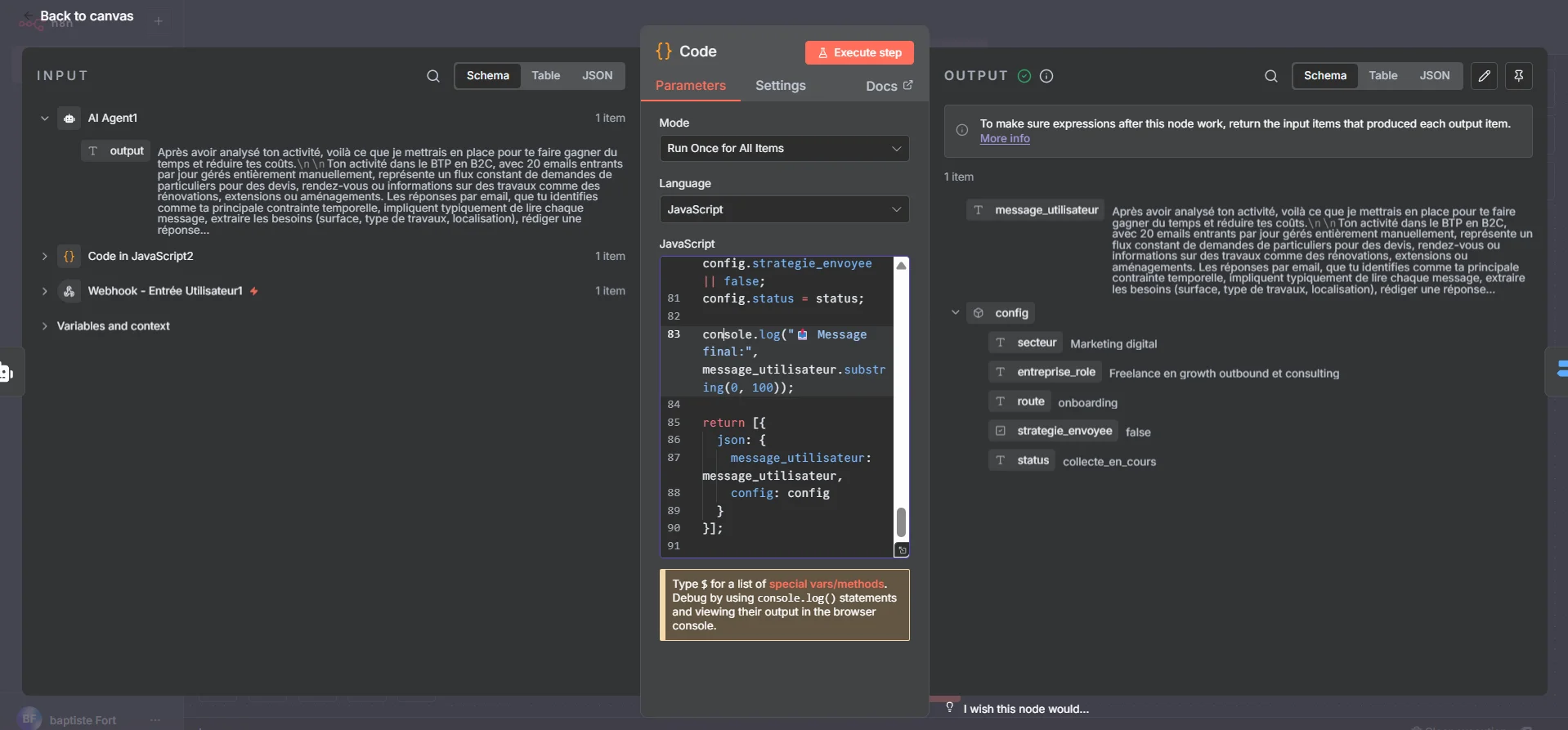 Capture d’écran du Node 4 dans n8n montrant le code qui nettoie la réponse de l’agent IA et met à jour la mémoire utilisateur via user_id.