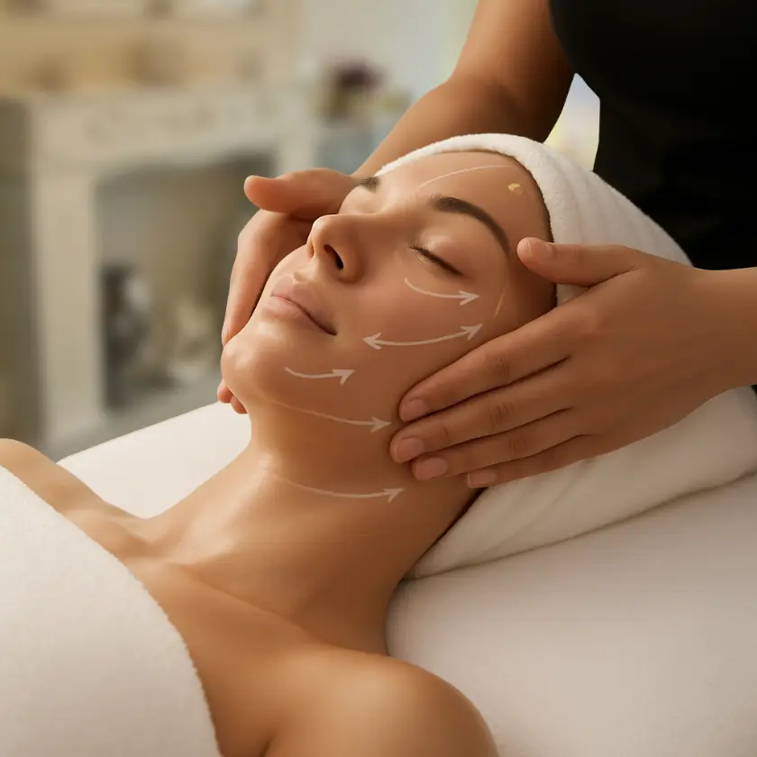 Twarz kobiety podczas manualnego face liftingu powięziowego, dłonie terapeuty unoszące owal twarzy