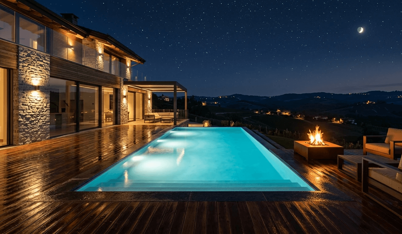 Piscina notturna Zenith Piscine: atmosfera elegante con luci bianco caldo e riflessi d'acqua cristallina.