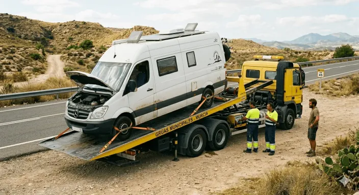 Grúa de plataforma pesada especializada de Allianz rescatando una autocaravana pesada en ruta.