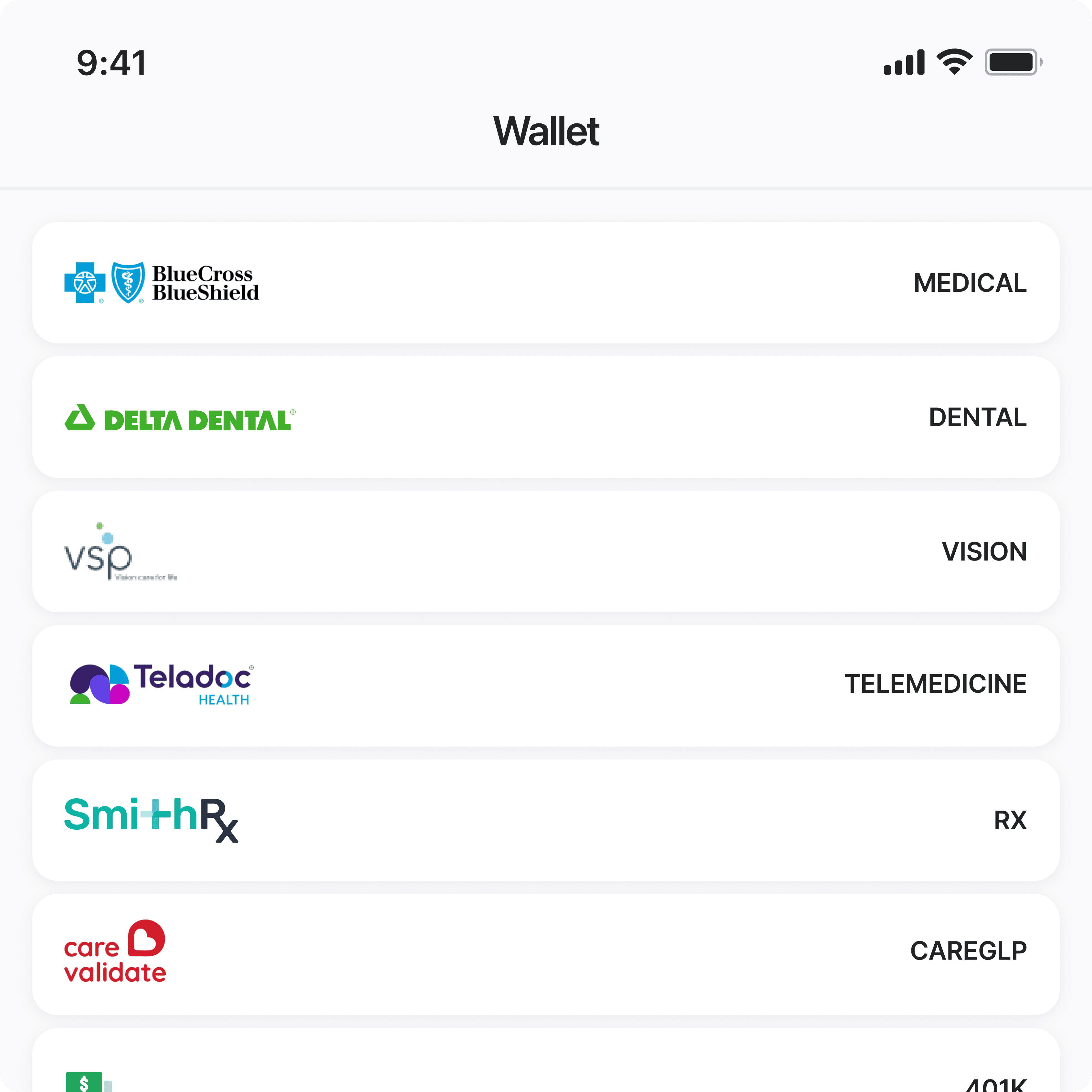 HealthJoy Wallet on mobile showing a member's medical, dental, vision, telemedicine, prescription, and care partner benefit cards in one place.