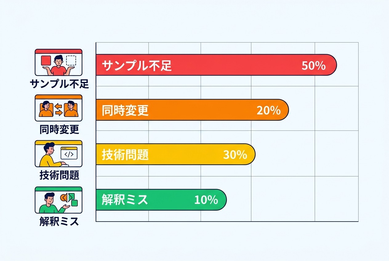 A/Bテスト失敗の主要因。サンプルサイズ不足が全体の45%を占め、同時期の他施策との混在が23%と続く。技術的な問題とデータ解釈のミスがそれぞれ16%ずつとなっている。