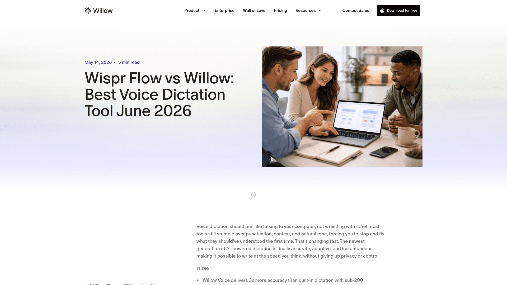 Screenshot of https://willowvoice.com/blog/wispr-flow-vs-willow-voice-dictation