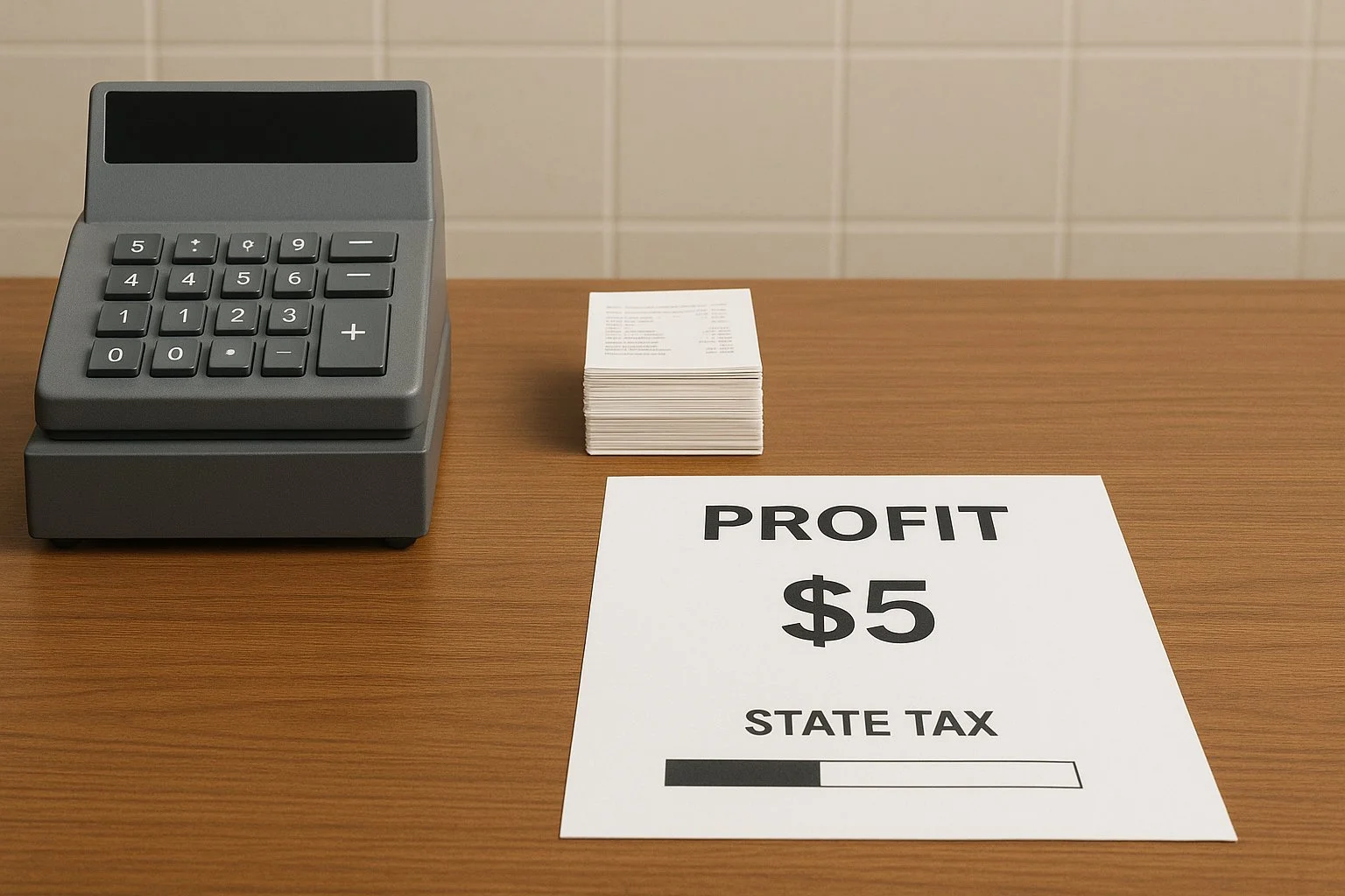 Small retail counter with a cash register, stack of receipts, and a sheet showing low profit and a small state tax bar.