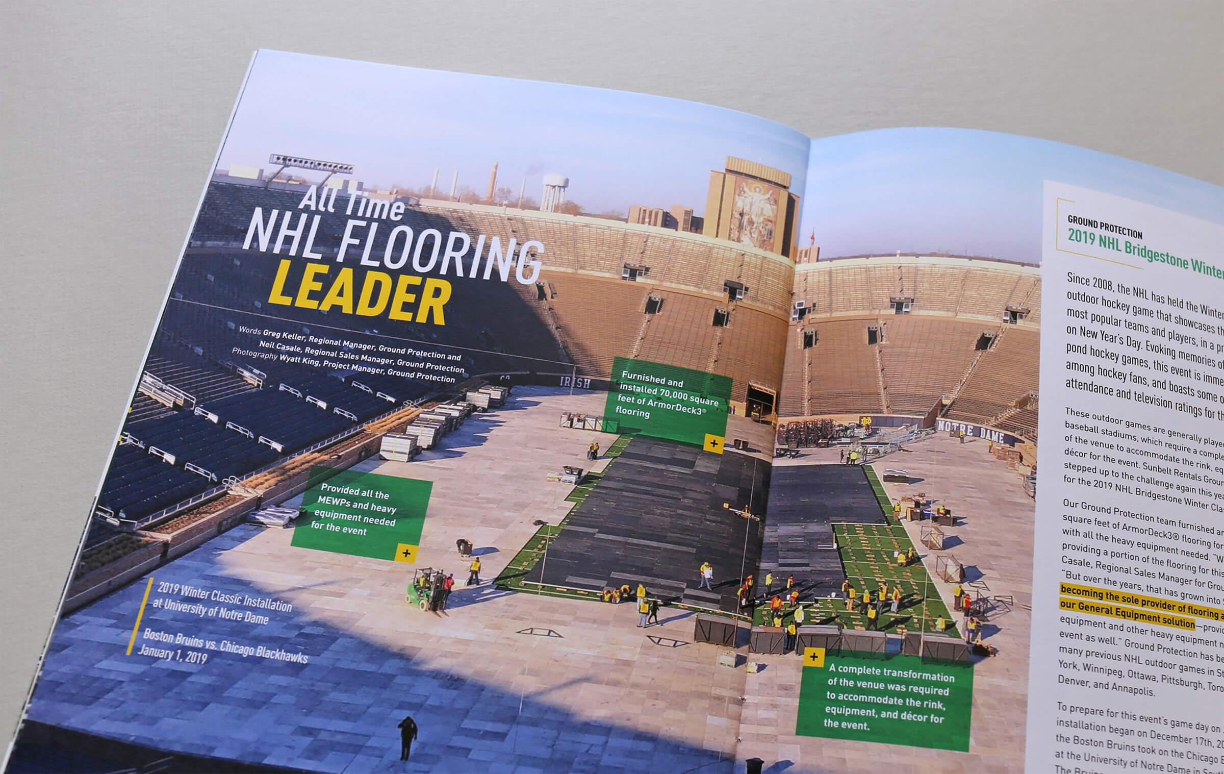 Large photo and feature article about Sunbelt's involvement with NHL flooring.