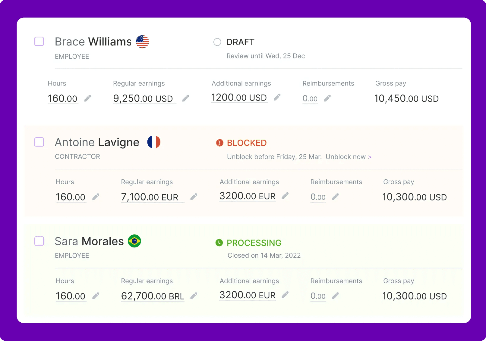 Screenshot of payroll items screen in Pilot