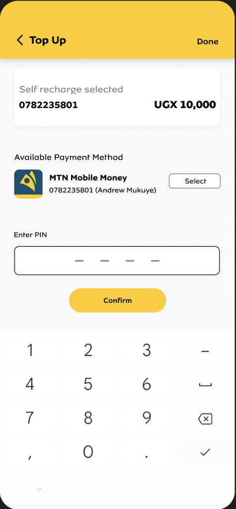 MyMTN app pay via momo  screen  interface 