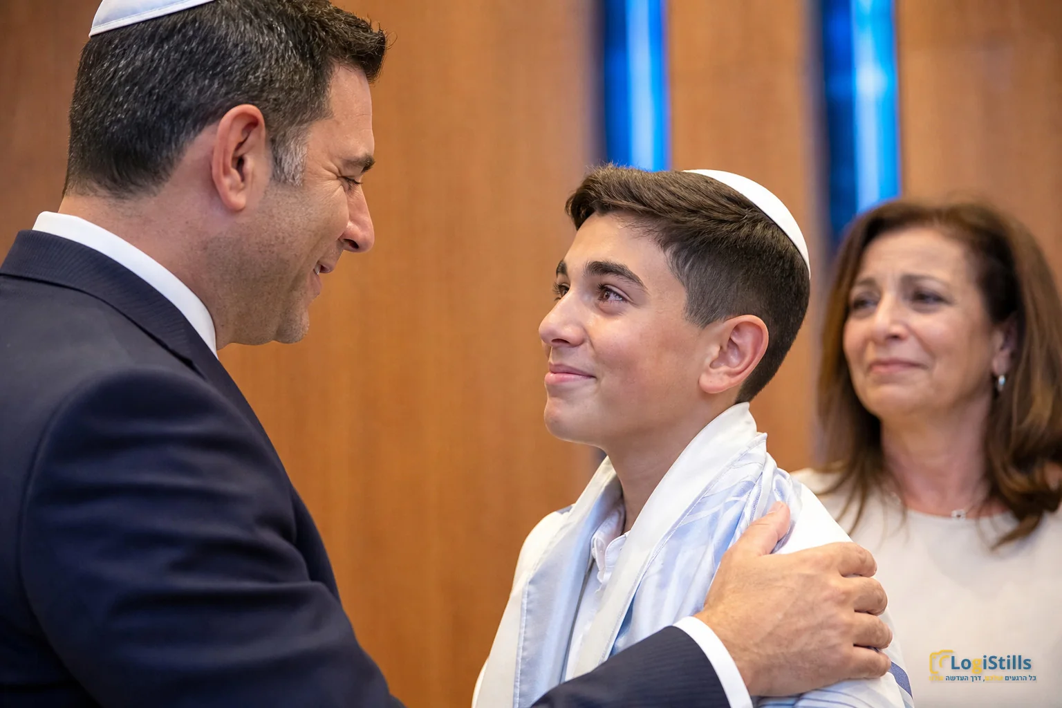 אב מחבק את חתן בר המצווה ברגע מרגש בבית הכנסת