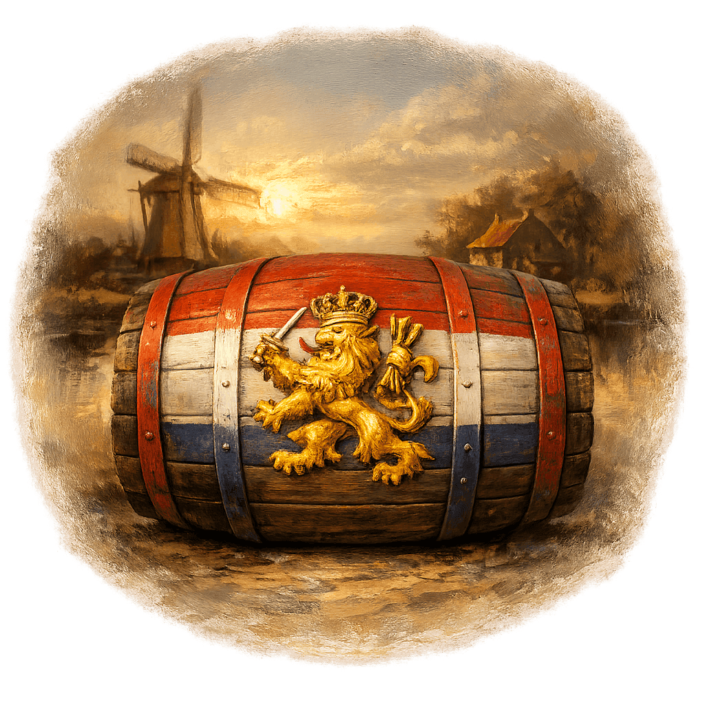 Wine barrel featuring the Netherlands national emblem for regional wine education.