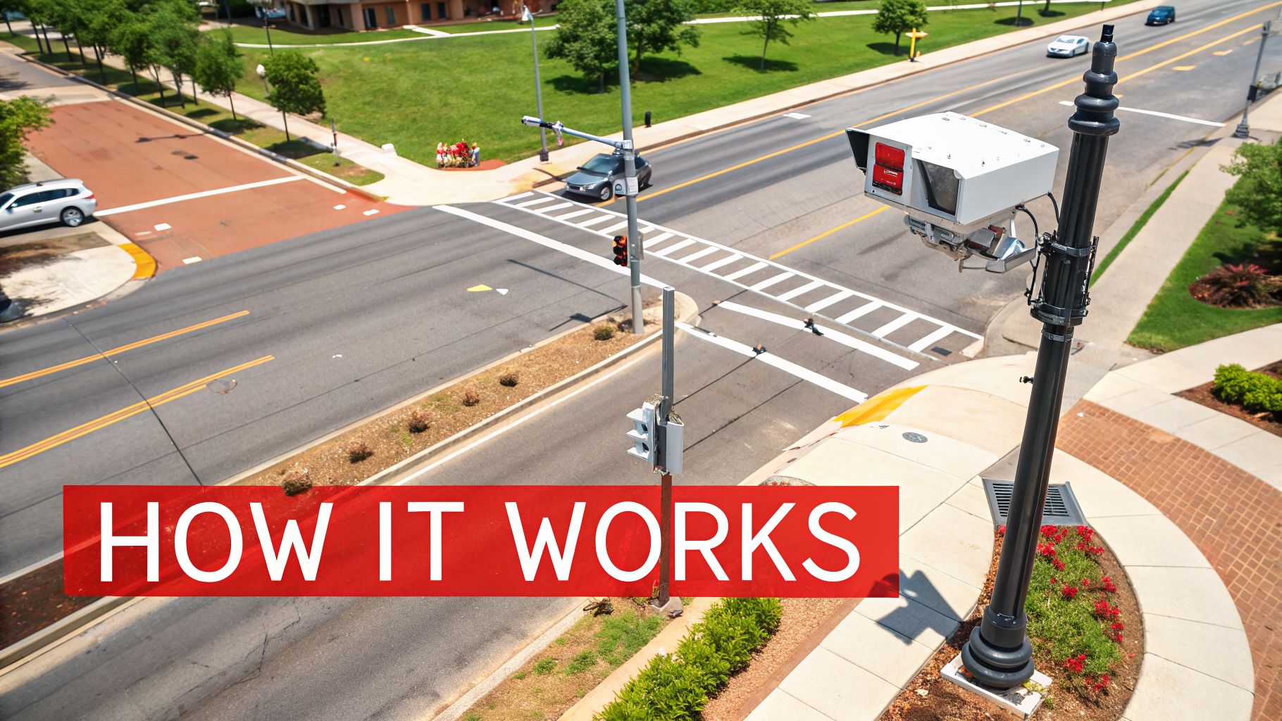 Overhead shot of a street with a red light camera system, traffic, and pedestrian crosswalks.