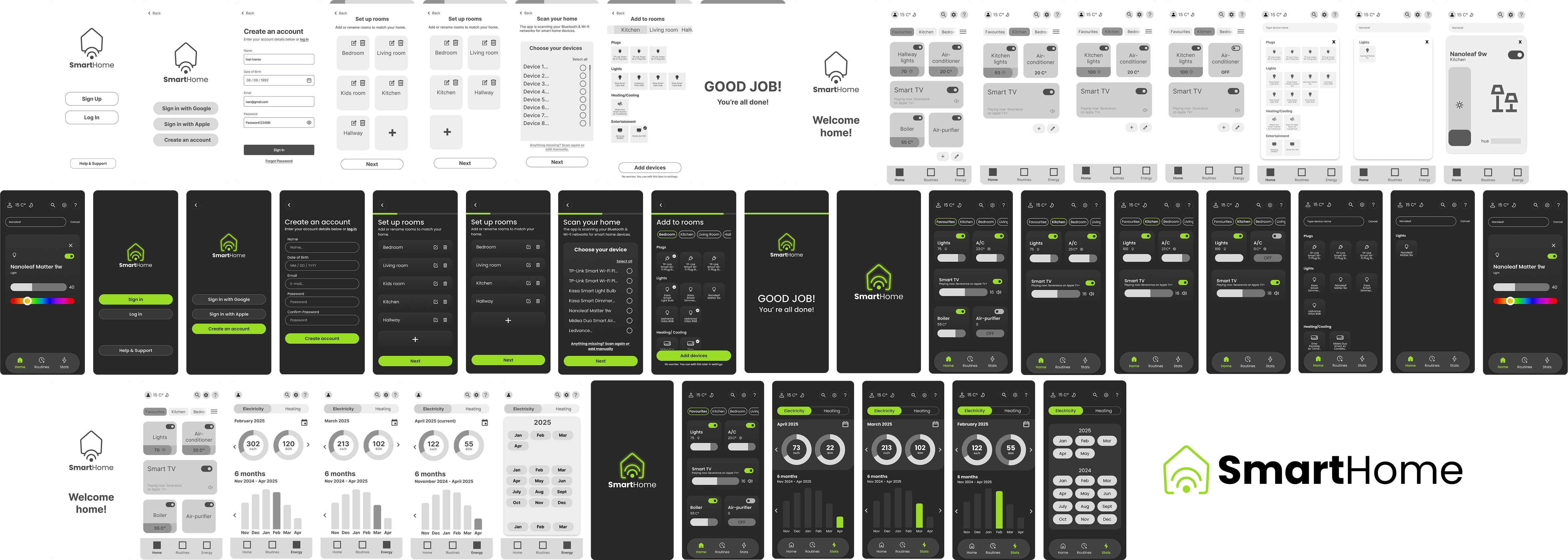 SmartHome app screens and design system overview