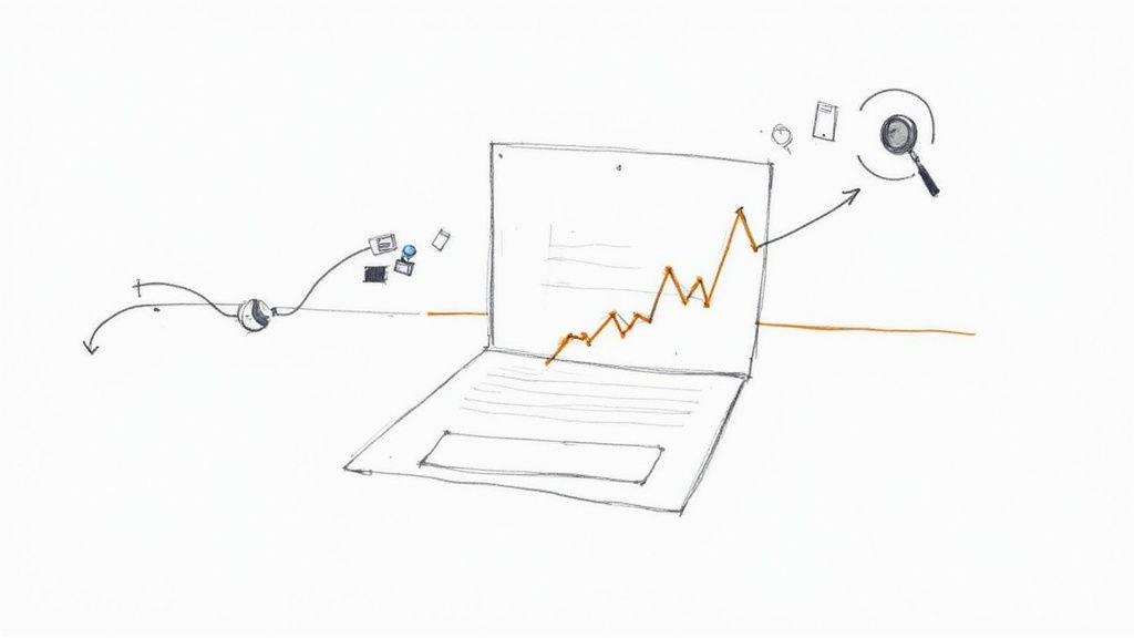 A hand-drawn sketch of a laptop displaying a rising graph, surrounded by various data icons and a magnifying glass.