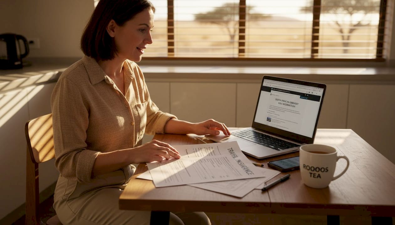 Woman reviewing safari travel insurance documents