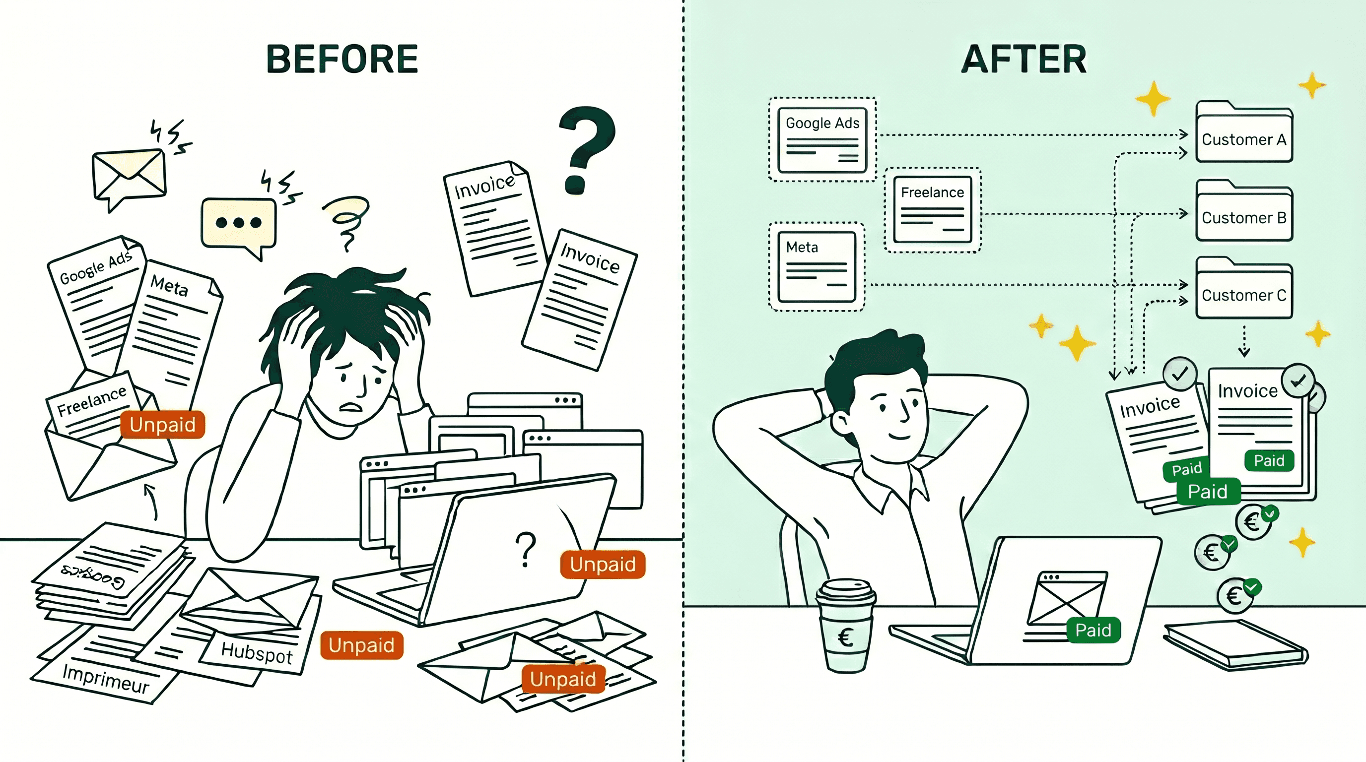 Before and after for a marketing agency: on the left a stressed founder drowning in supplier invoices, on the right invoices are mapped to each client and payments are coming in
