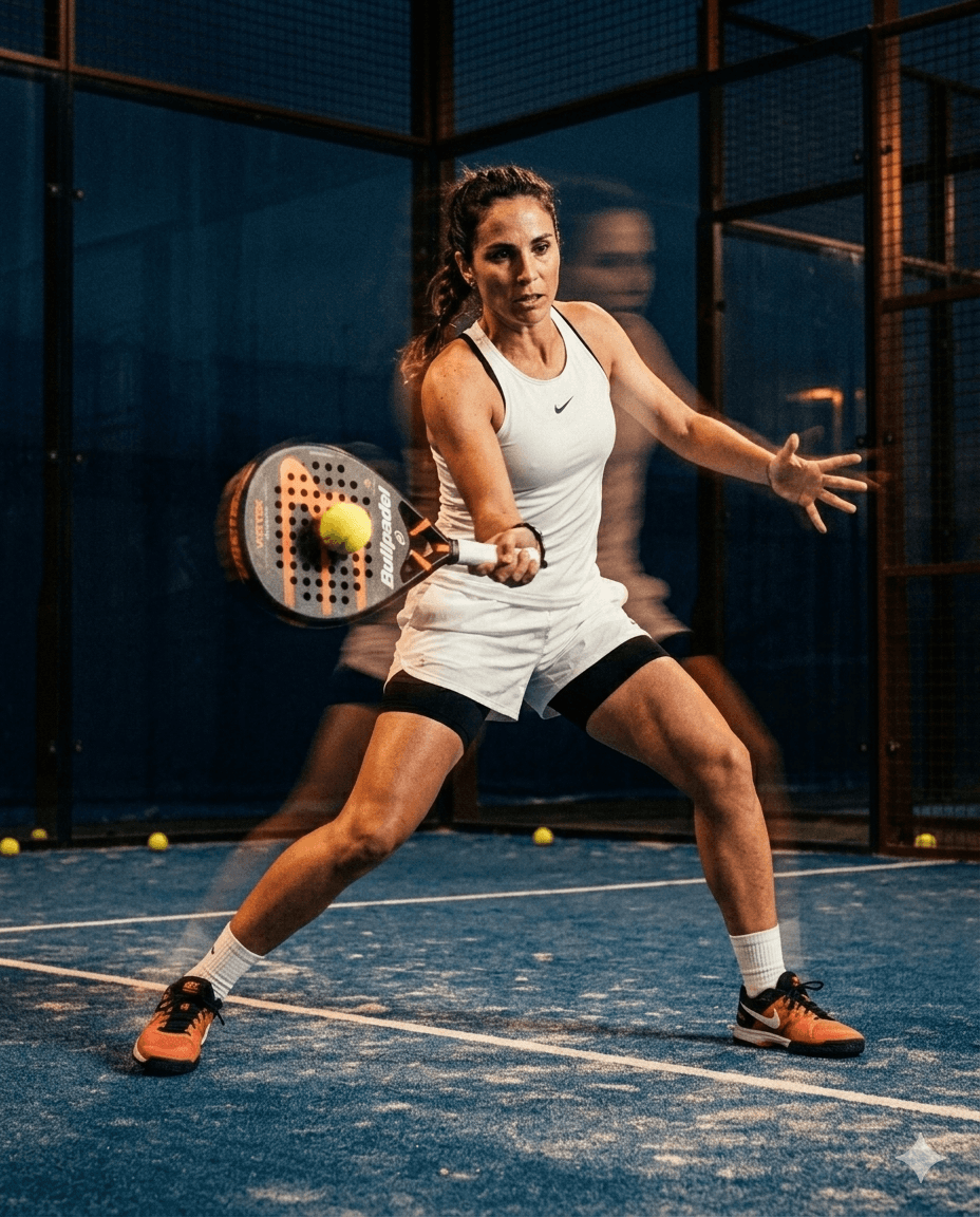 Female athlete hits padel ball with padel racket. Premium padel brand. 