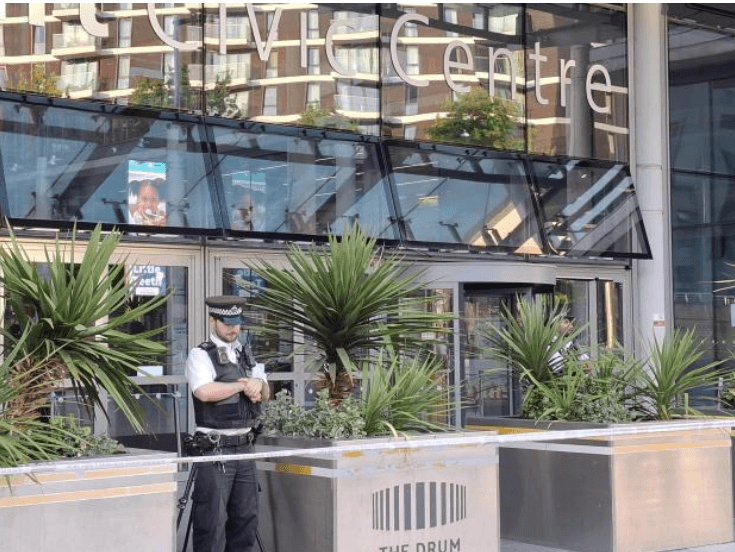 Police cordon outside Brent Civic Centre entrance after the August 2026 stabbing
