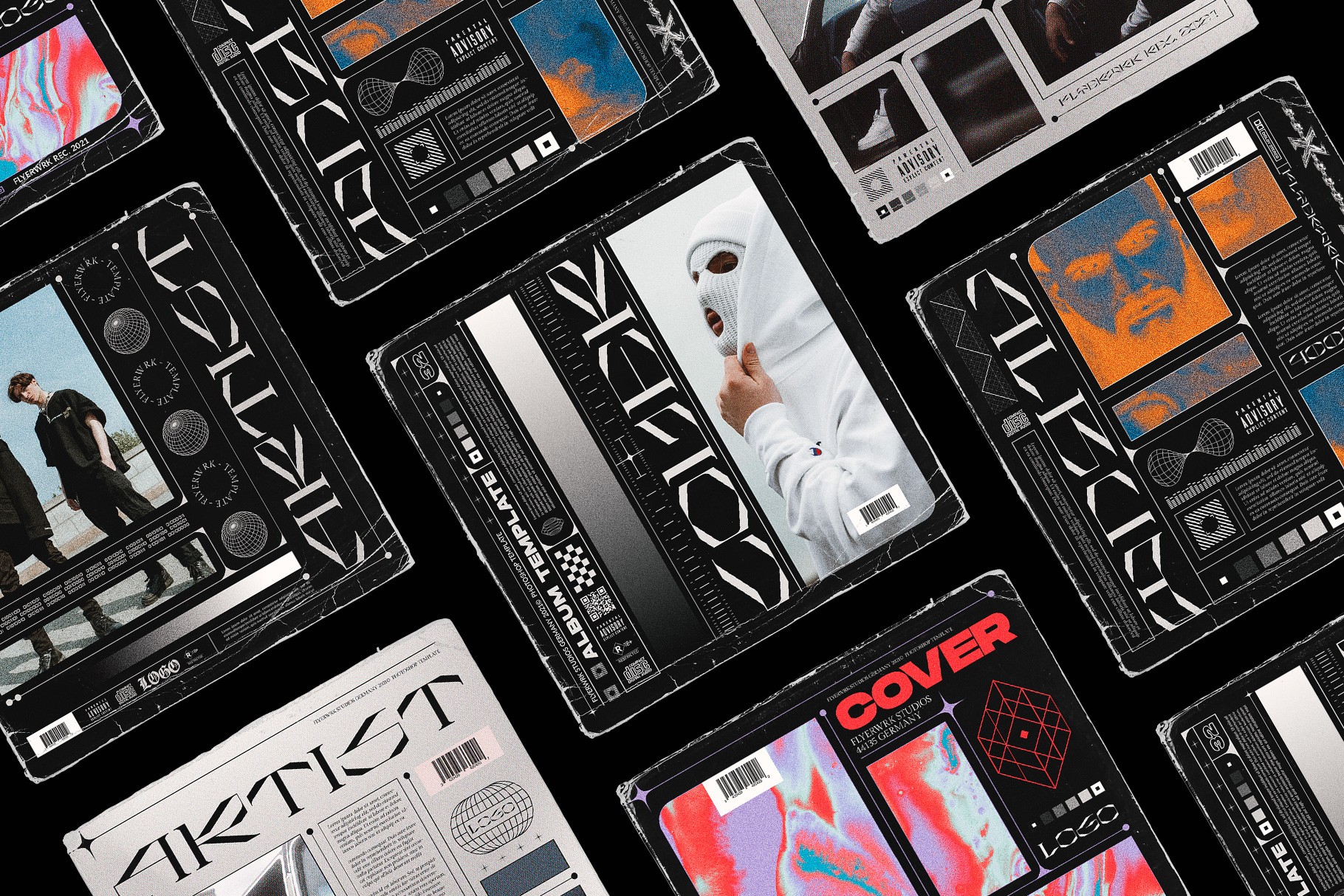 Display of five bold album cover design templates featuring brutalist layouts and modern typography elements