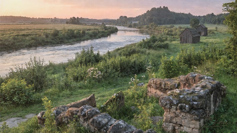 Sacred artwork by Faith and Verse. © Faith and Verse, 2025. All rights reserved. A river winds through the valley at dawn—the quiet landscape of tenth-century Bavaria where Saint Ulrich walked as bishop and shepherd.
