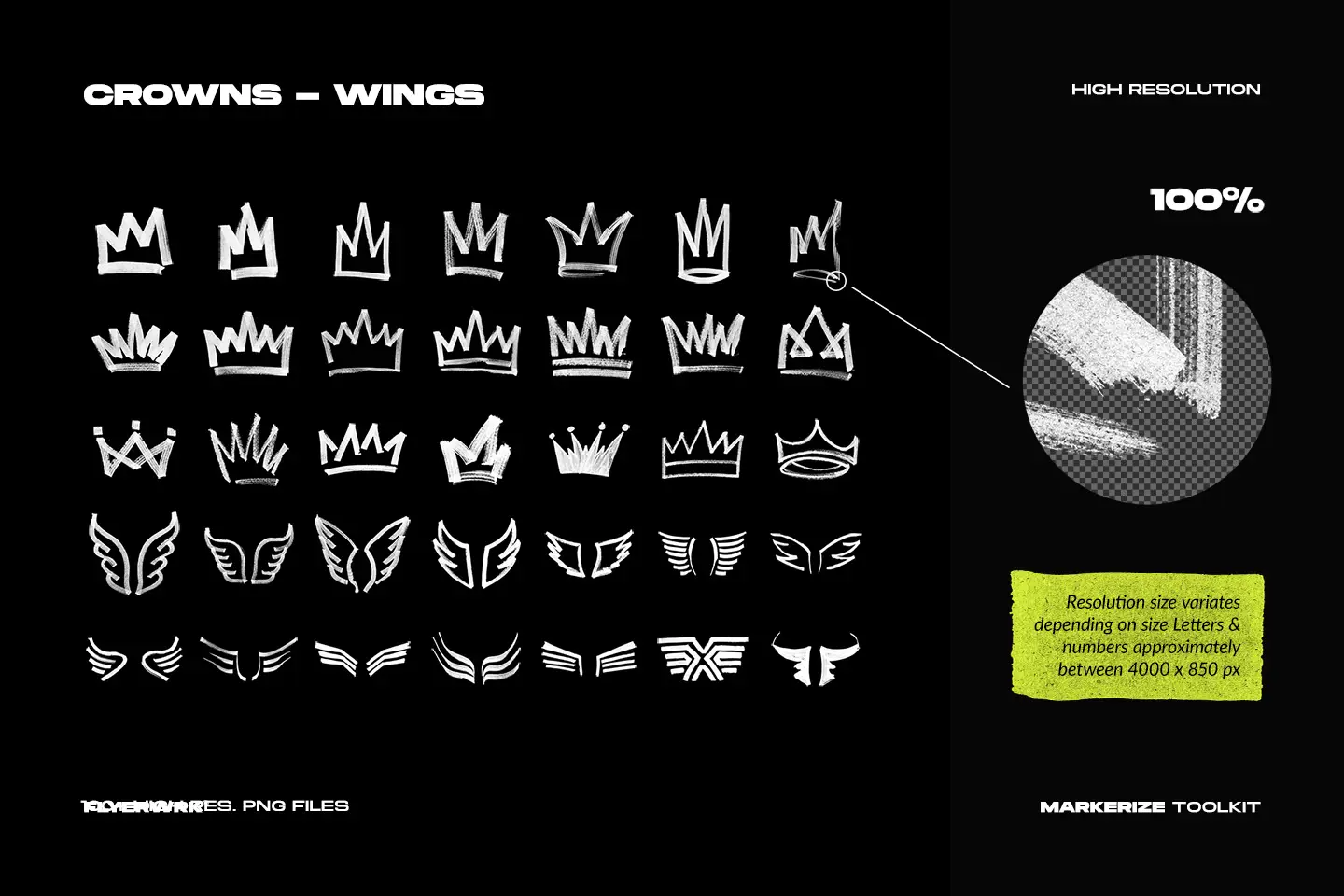 Markerize selection of hand drawn crowns and wings symbols with authentic marker pen texture details