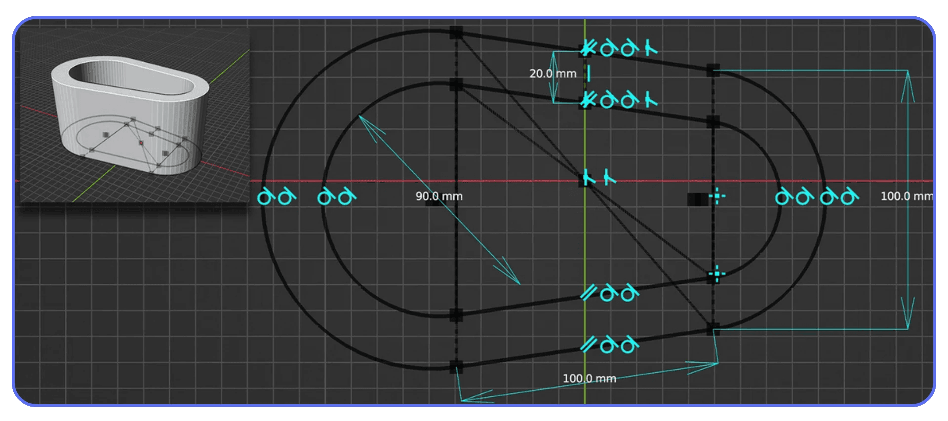 A Blender viewport showing a 2D curve-based modeling layout with measurement overlays and a small preview of the resulting 3D extrusion.