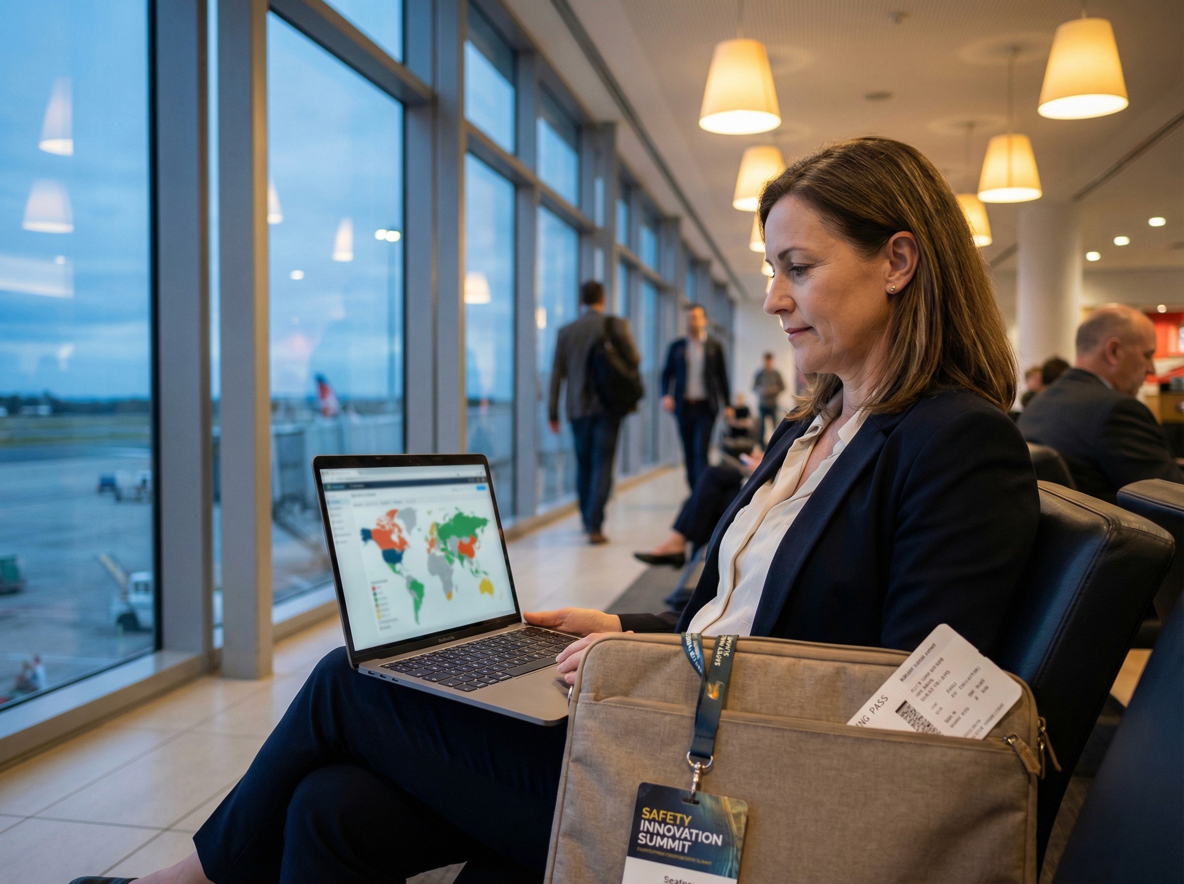 A national WHS director in her late 40s sitting in an airport lounge, laptop open on her lap, reviewing a dashboard that shows a map-style layout with state-level indicators — visible as coloured blocks arranged geographically but not legible. A boarding pass and a lanyard from a safety conference are tucked into the laptop case beside her. Her expression is one of composed oversight — someone managing a national programme between flights, checking the status across every jurisdiction her organisation operates in from a single view.