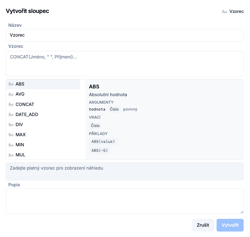 Vytvořit sloupec typu vzorec