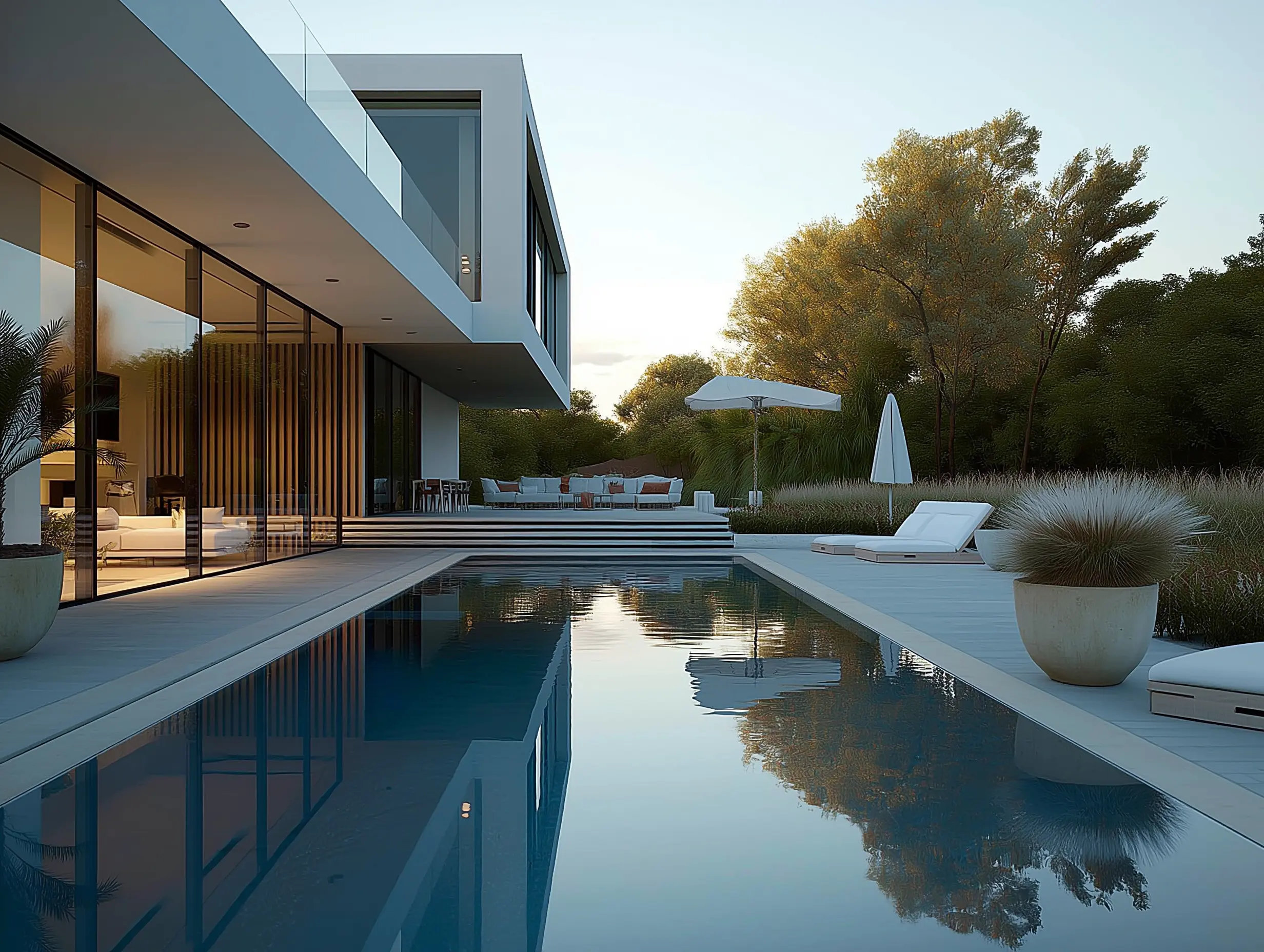 A modern luxury villa with a geometric design and large glass walls, featuring an infinity pool on the foreground reflecting the building, and a terrace with lounge chairs and seating under mature trees at sunset.