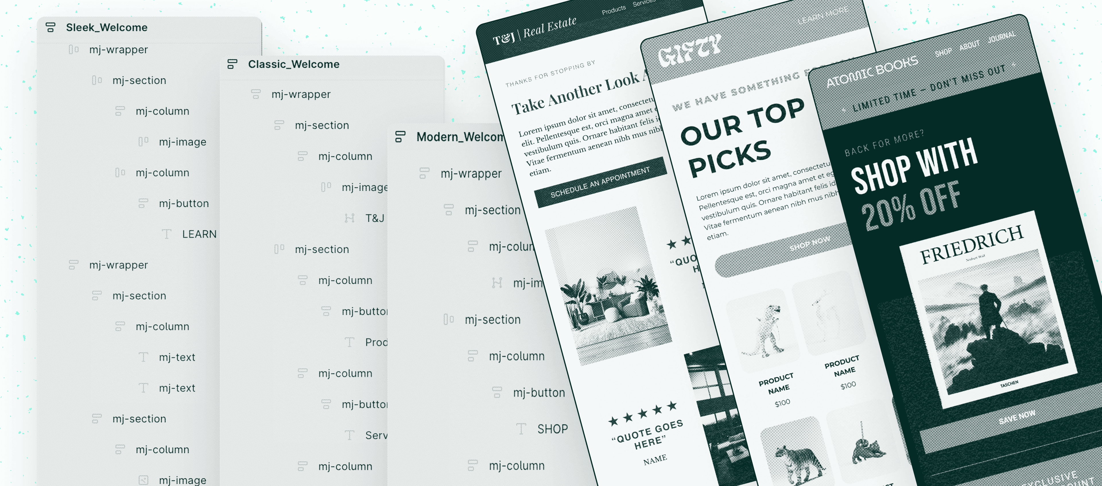Layered view of MJML email template structures alongside modern marketing email designs, illustrating the relationship between code components and finished email layouts.