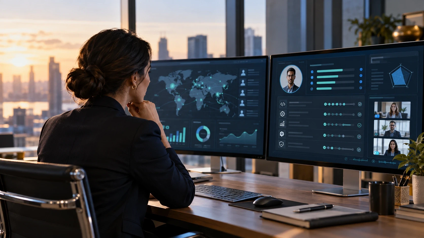 Enterprise recruiter comparing talent market data with a candidate capability assessment dashboard