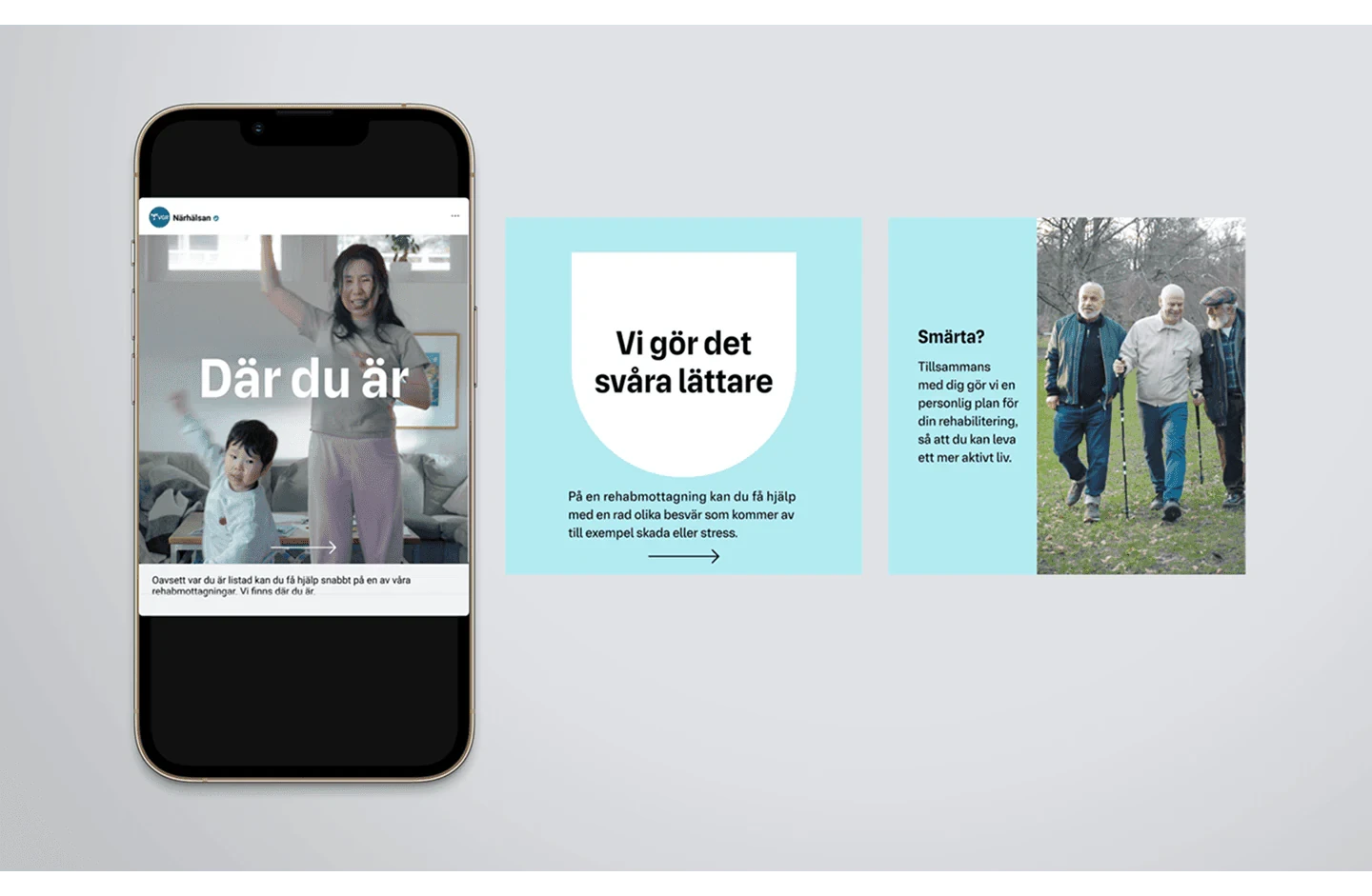 En mobil och två inlägg från Närhälsan med texterna Där du är, Vi gör det svåra lättare och Smärta?