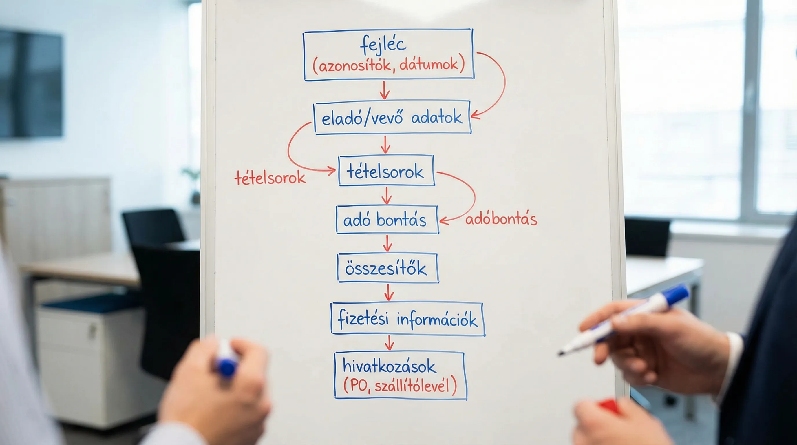 Sematikus ábra egy elektronikus számla XML szerkezetéről: fejléc (azonosítók, dátumok) → eladó/vevő adatok → tételsorok → adó bontás → összesítők → fizetési információk → hivatkozások (PO, szállítólevél).