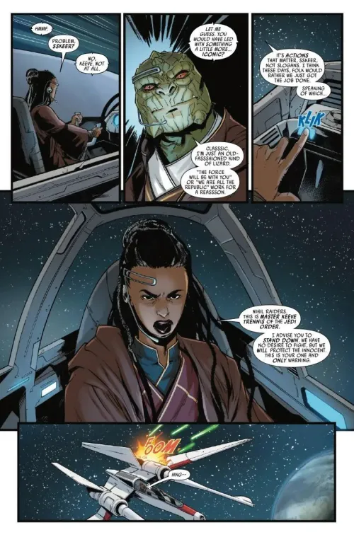 A page from The High Republic: Fear of the Jedi #1 featuring Jedi Master Keeve Trennis and Sskeer flying Jedi Vectors in order to save stranded passengers