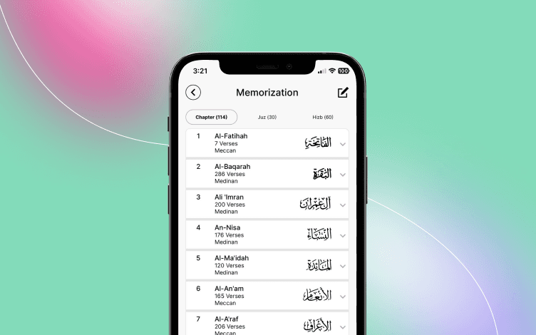 Tarteel app's memorization feature with a list of Quran chapters for structured learning and progress tracking.
