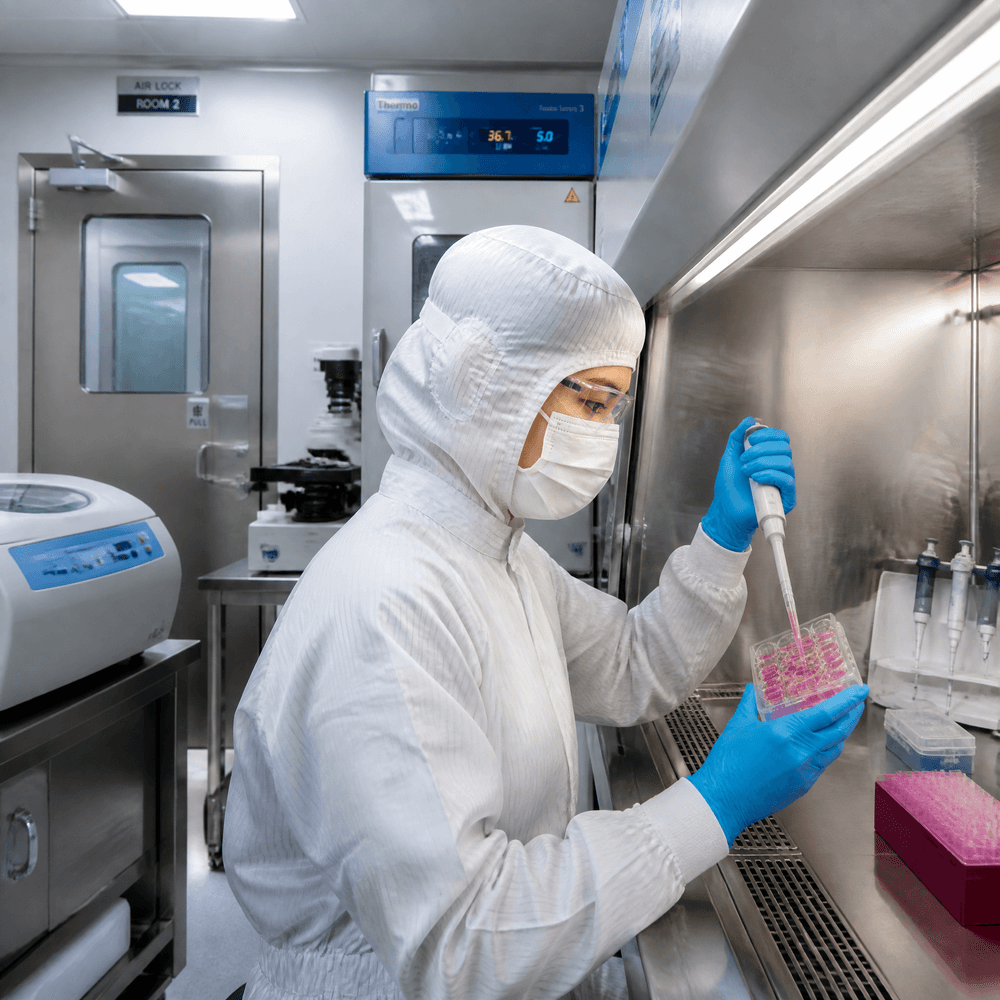 技術人員於 ISO 潔淨室內操作生物安全櫃及移液器,展示專業實驗室無塵工程與潔淨空間設計。