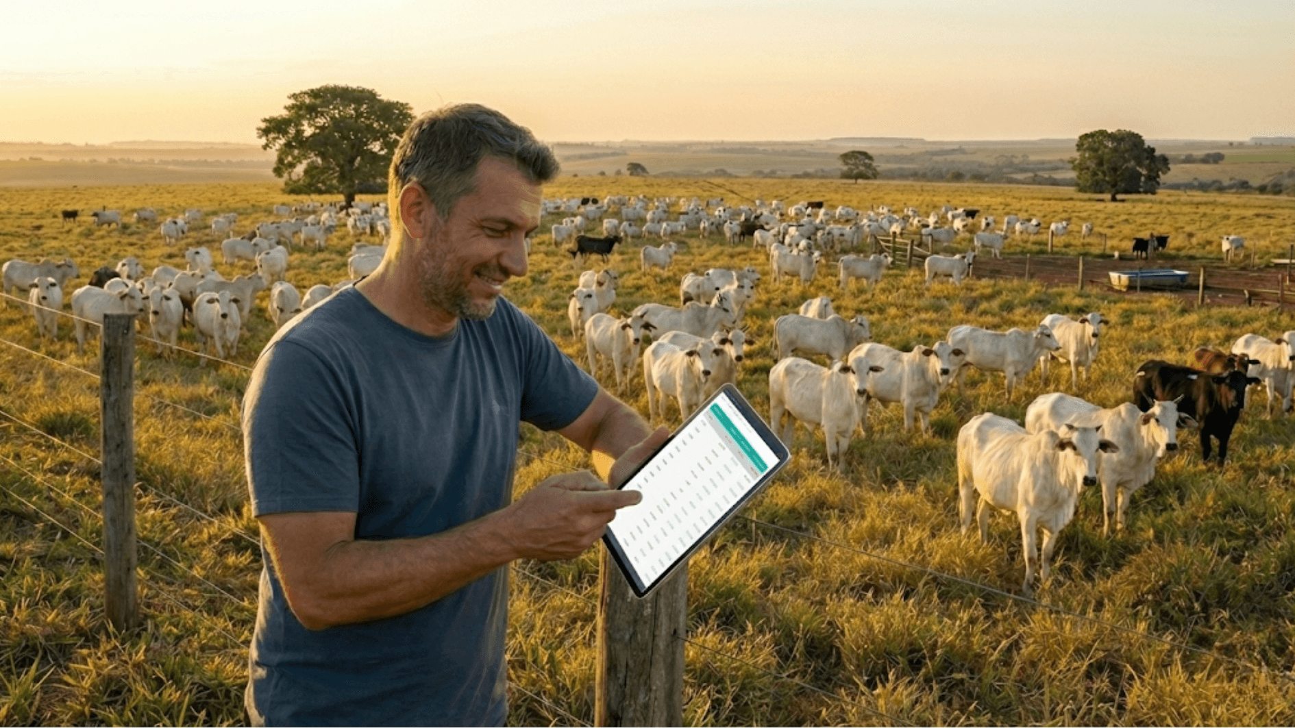 Produtor rural conferindo relatórios de fluxo de caixa da fazenda em um tablet ao ar livre.