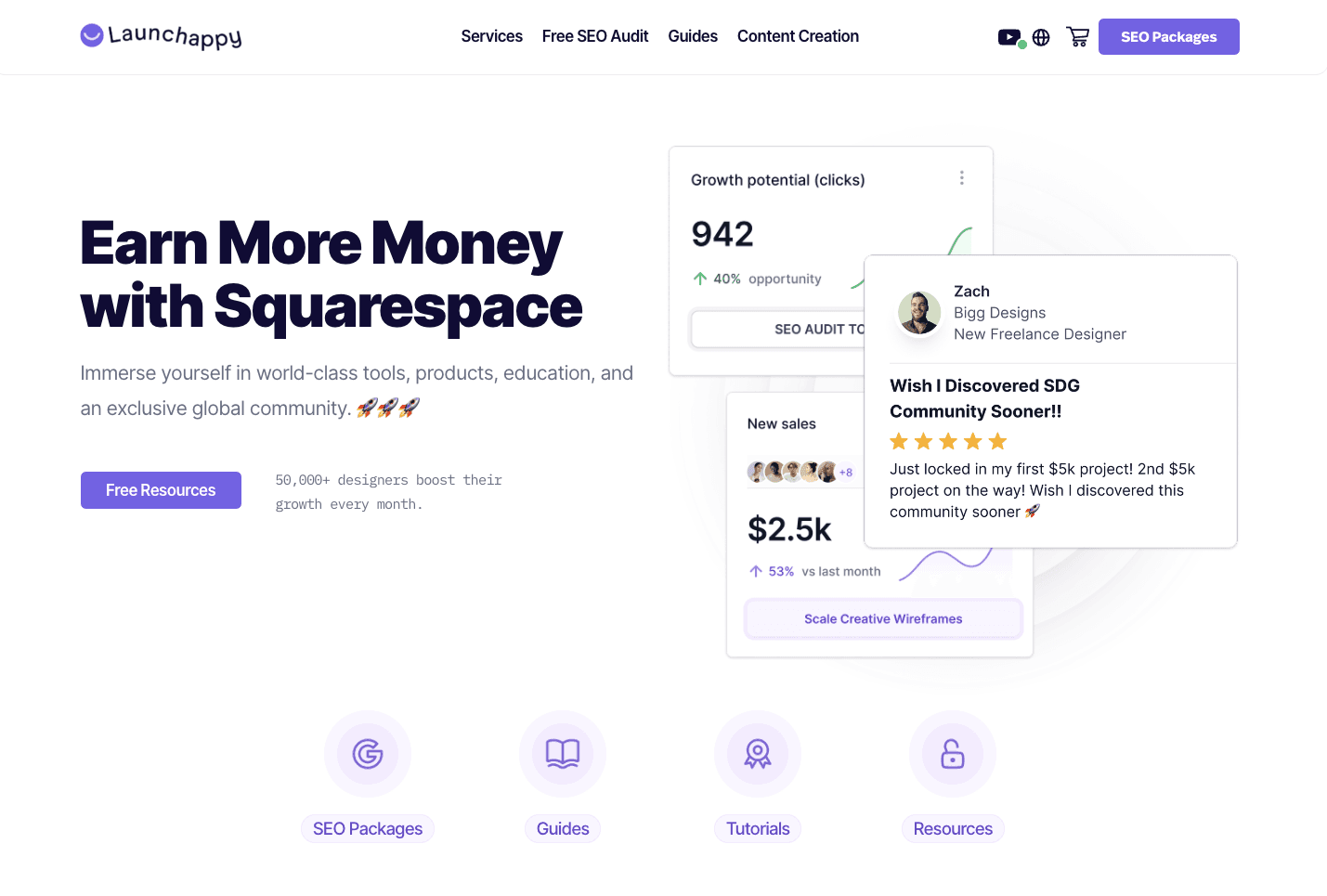 Launch Happy homepage with the headline "Earn More Money with Squarespace" featuring free resources, growth metrics, and a community of 16,000+ designers