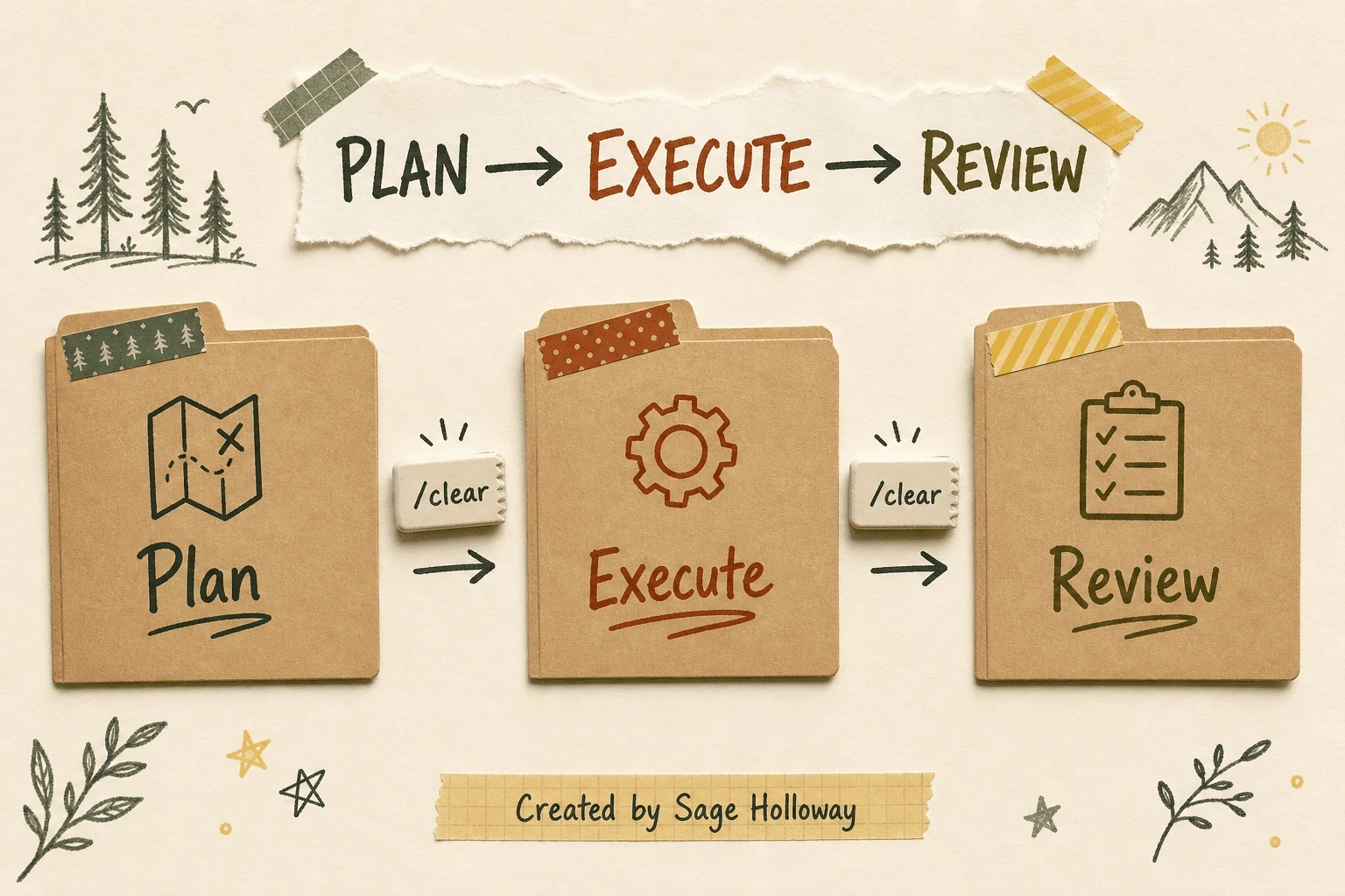 Scrapbook diagram of GSD Plan, Execute, and Review phases for Claude Code sequential workflow