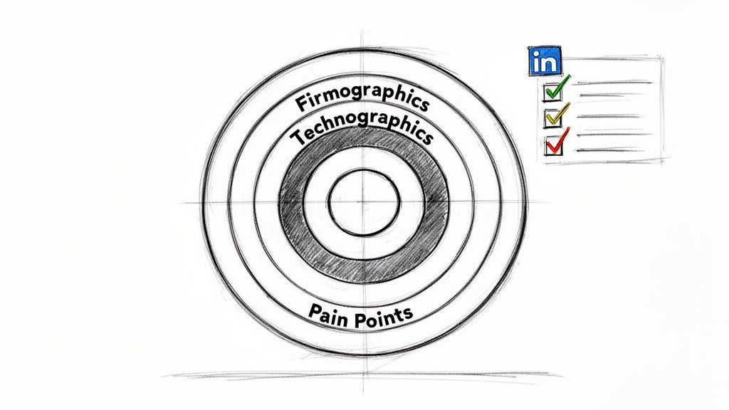An illustration depicting sales prospecting strategy using firmographics, technographics, and identifying pain points with a LinkedIn checklist.