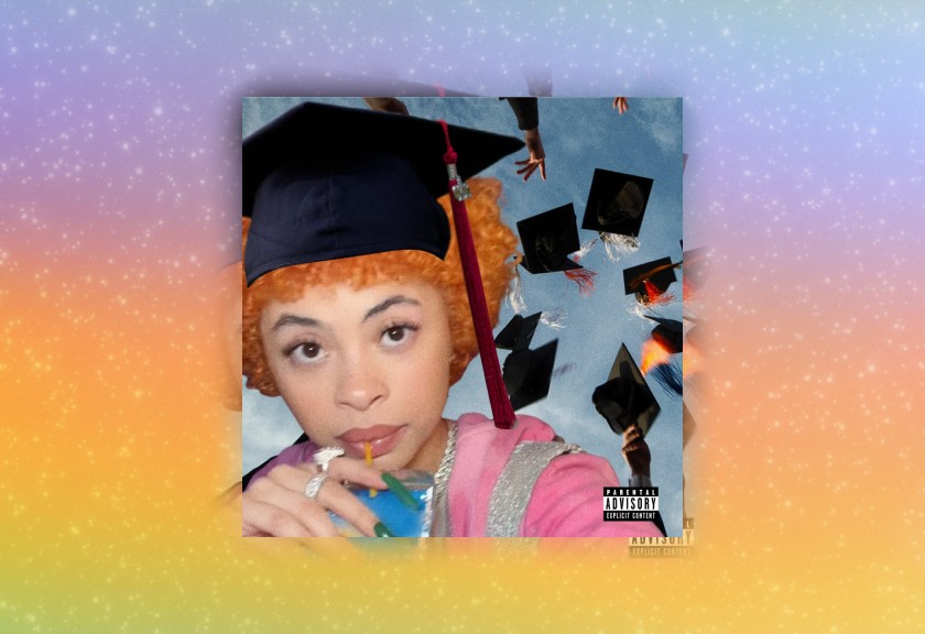 Casual, fun grad party invitation with ice spice sipping a drink in a cap and gown.